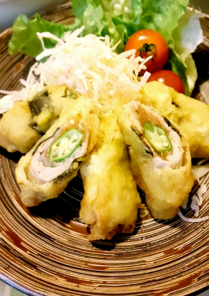 種なし梅とオクラ豚巻き天-レシピのメイン写真
