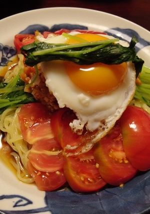 半熟卵黄♪ごまスコそぼろの月見冷やし中華-レシピのメイン写真