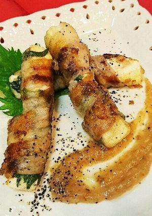 ヘルシー豆腐と大葉の豚バラ巻き梅肉ソース-レシピのメイン写真