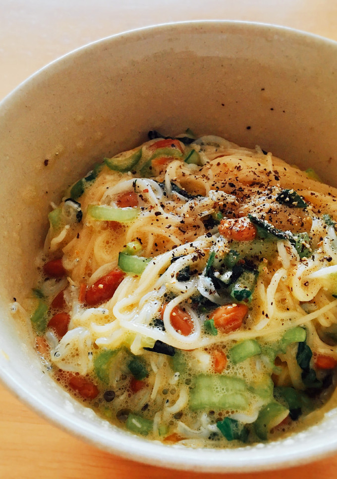 とろふわ！小松菜納豆の釜玉そうめん-レシピのメイン写真