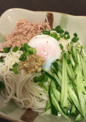 素麺で冷やし中華風！温玉のせ！-レシピのメイン写真