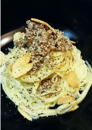 簡単パスタ♪時短♪牛ひき肉deペペ卵-レシピのメイン写真
