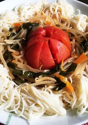 夏麺！冷やしトマトキムチソースのそうめん-レシピのメイン写真