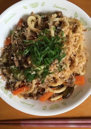 茄子と挽肉の焼うどん-レシピのメイン写真