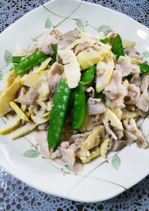 はちく筍・キヌサヤの簡単豚バラ肉塩炒め♪-レシピのメイン写真