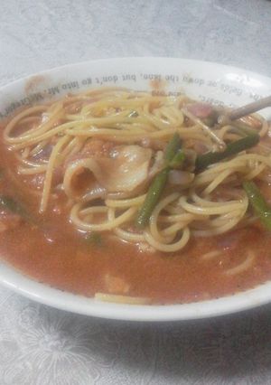 豚肉とにんにくの芽の赤スパゲッティー-レシピのメイン写真