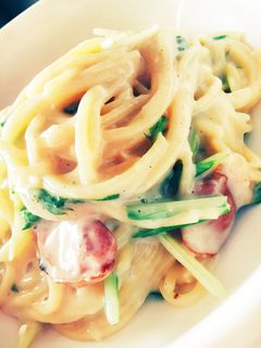 水菜とウインナーのクリームパスタ-レシピのメイン写真
