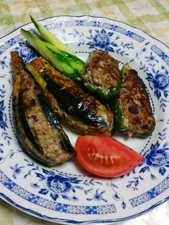 ピーマンの肉詰め なすのはさみ焼きも~-レシピのメイン写真