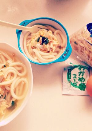 親子で即席わかめの卵スープうどん-レシピのメイン写真
