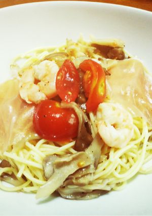 生ハム.トマト.舞茸.海老の冷製パスタ-レシピのメイン写真