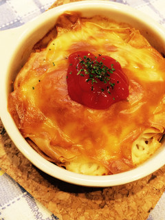ワンタンの皮で!ひき肉ミルフィーユ!-レシピのメイン写真
