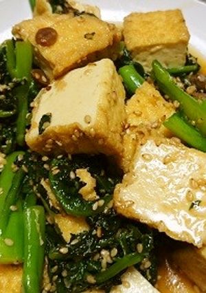つるむらさきと厚揚げのもろみ味噌炒め-レシピのメイン写真