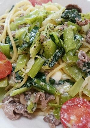 牛肉と小松菜のクリームチーズパスタ-レシピのメイン写真