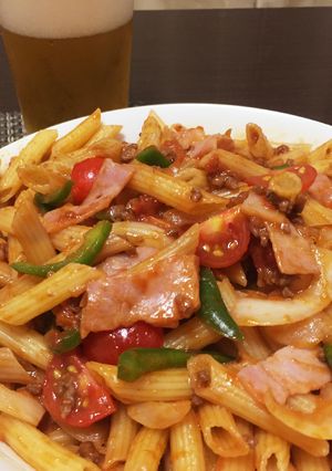 ペンネのミートソース ナポリタン風-レシピのメイン写真