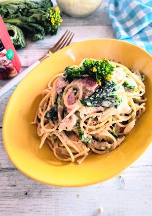 タッパーとレンジ☆菜の花塩麹カルボナーラ-レシピのメイン写真