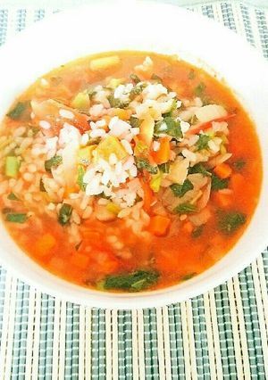 モロヘイヤとトマトの酸辣湯風スープご飯-レシピのメイン写真