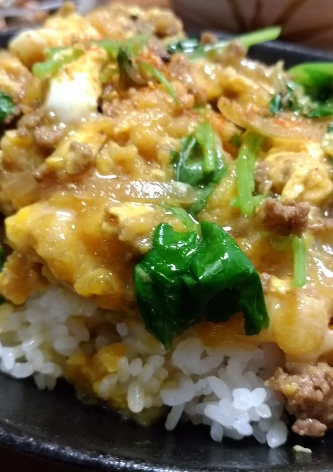 家計に優しい～揚げ玉とそぼろの卵とじ丼～-レシピのメイン写真