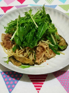 豚肉と茄子と水菜の簡単和風パスタ-レシピのメイン写真