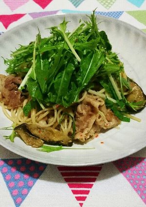 豚肉と茄子と水菜の簡単和風パスタ-レシピのメイン写真