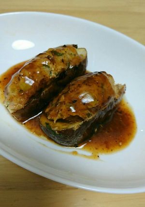 焼きなす♪豚肉と大葉のつくね載せ-レシピのメイン写真