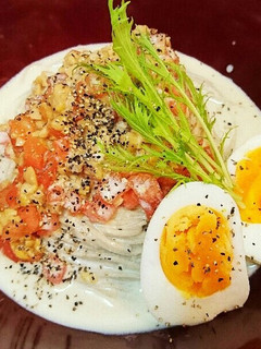 ヘルシー納豆トマト冷製味噌豆乳スープ蕎麦-レシピのメイン写真