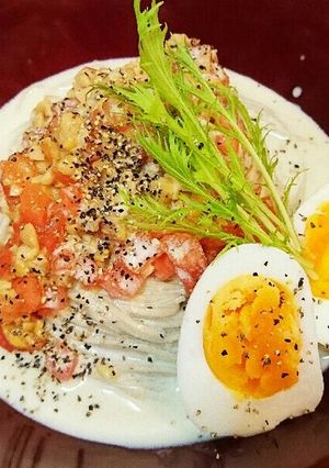 ヘルシー納豆トマト冷製味噌豆乳スープ蕎麦-レシピのメイン写真