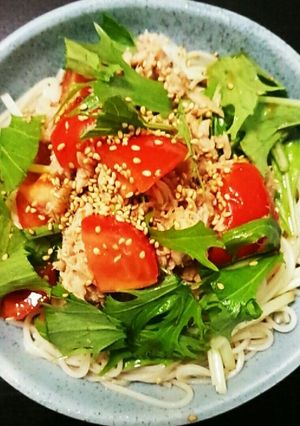 夏のランチ☆ツナとトマトと水菜のそうめん-レシピのメイン写真
