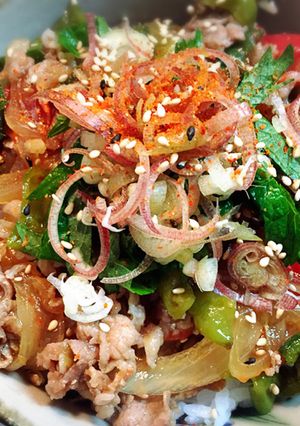 トマトと福耳唐辛子のさっぱり☆夏野菜牛丼-レシピのメイン写真