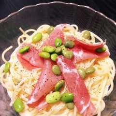 รูปของ 枝豆と生ハムの冷製パスタ✨豆乳でも！