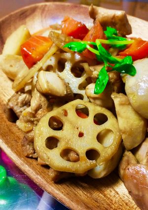 #里芋と人参と鶏肉と蓮根の煮物 豆苗添え-レシピのメイン写真