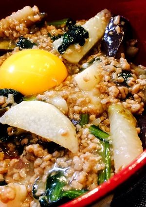 麻婆茄子と山芋ピリ辛炒め【丼】-レシピのメイン写真