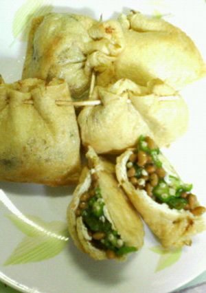 オクラ納豆大葉のお揚げ巾着焼き-レシピのメイン写真