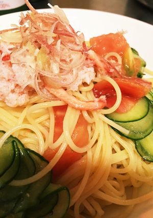 カニ缶とトマト冷製パスタ 昆布だし風味-レシピのメイン写真