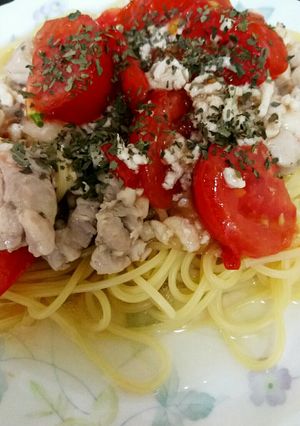 蒸し鶏のトマト鶏そぼろあんかけパスタ-レシピのメイン写真