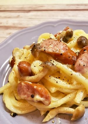 シメジとウインナーのカルボナーラ風うどん-レシピのメイン写真