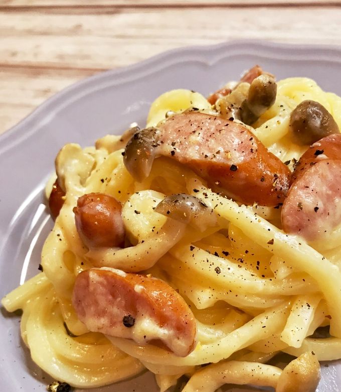 シメジとウインナーのカルボナーラ風うどん-レシピのメイン写真