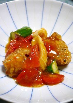 簡単！竜田揚げのトマト胡瓜中華あん掛け-レシピのメイン写真