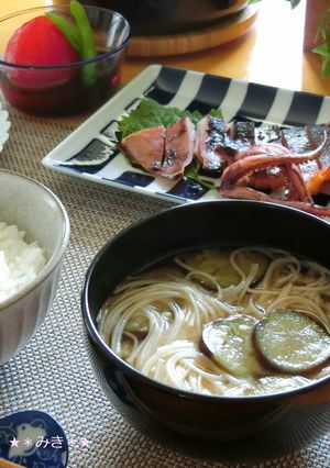 ほっこり夏の味♪茄子と素麺の味噌汁-レシピのメイン写真