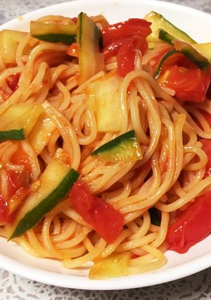 トマト焼きそば〜夏野菜たっぷりパスタ風-レシピのメイン写真