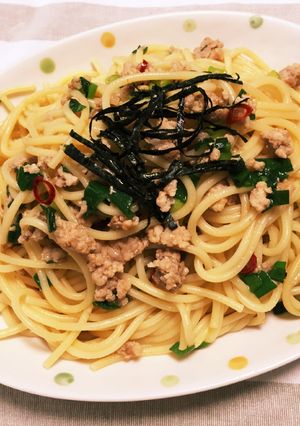 簡単！ひき肉とスリム葱の和風パスタ-レシピのメイン写真