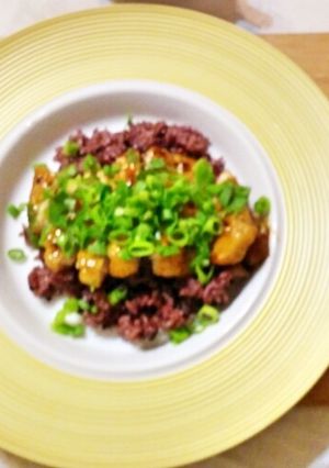 黒米ご飯で”豚ロース肉のネギテリ丼”-レシピのメイン写真