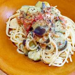 A picture of ナスとトマトのクリームパスタ.