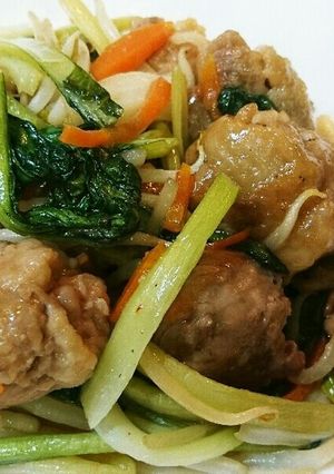 ☆豚こま肉ボールとターサイの甘酢タレ炒め-レシピのメイン写真