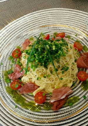 トマトとわけぎの冷製パスタ　バジル風味♪-レシピのメイン写真