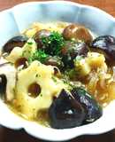 蟹缶汁使用　竹輪麩と茸の煮物 発酵玉葱