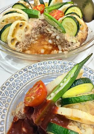 簡単びっくりハンバーグ✴︎夏野菜たっぷり-レシピのメイン写真