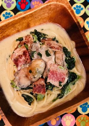 ＼豆乳味噌／牡蠣とれん草のスープパスタ-レシピのメイン写真
