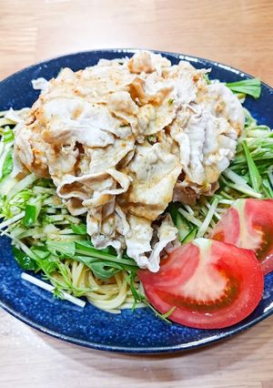 豚しゃぶ×水菜×きゅうりのごまダレパスタ-レシピのメイン写真