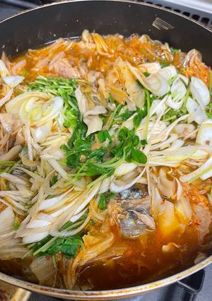 サバ缶と舞茸、キムチのスープ（覚え）-レシピのメイン写真