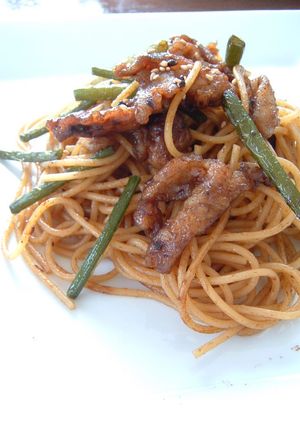 にんにくの芽と豚肉の焼き味噌パスタ-レシピのメイン写真